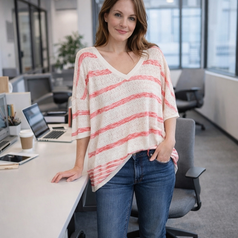 Nwt White Pink Striped Pointelle Knit Sweater V-Neck Lightweight Boho Spring